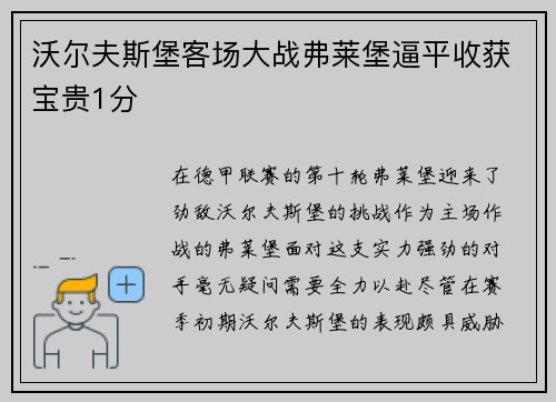 沃尔夫斯堡客场大战弗莱堡逼平收获宝贵1分